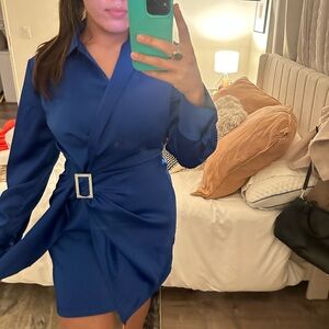 House of Harlow 1960 Front Rhinestone Buckle Satin Wrap 36" Mini Dress in Blue M